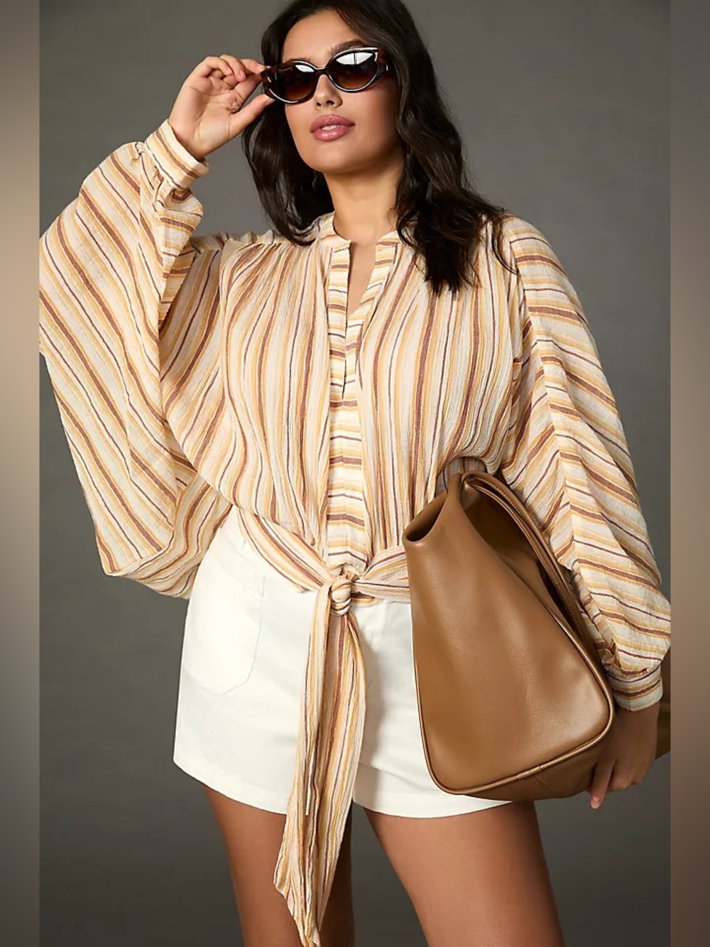 Anthropologie Tie Front Striped Blouse Balloon Sleeve Top XS